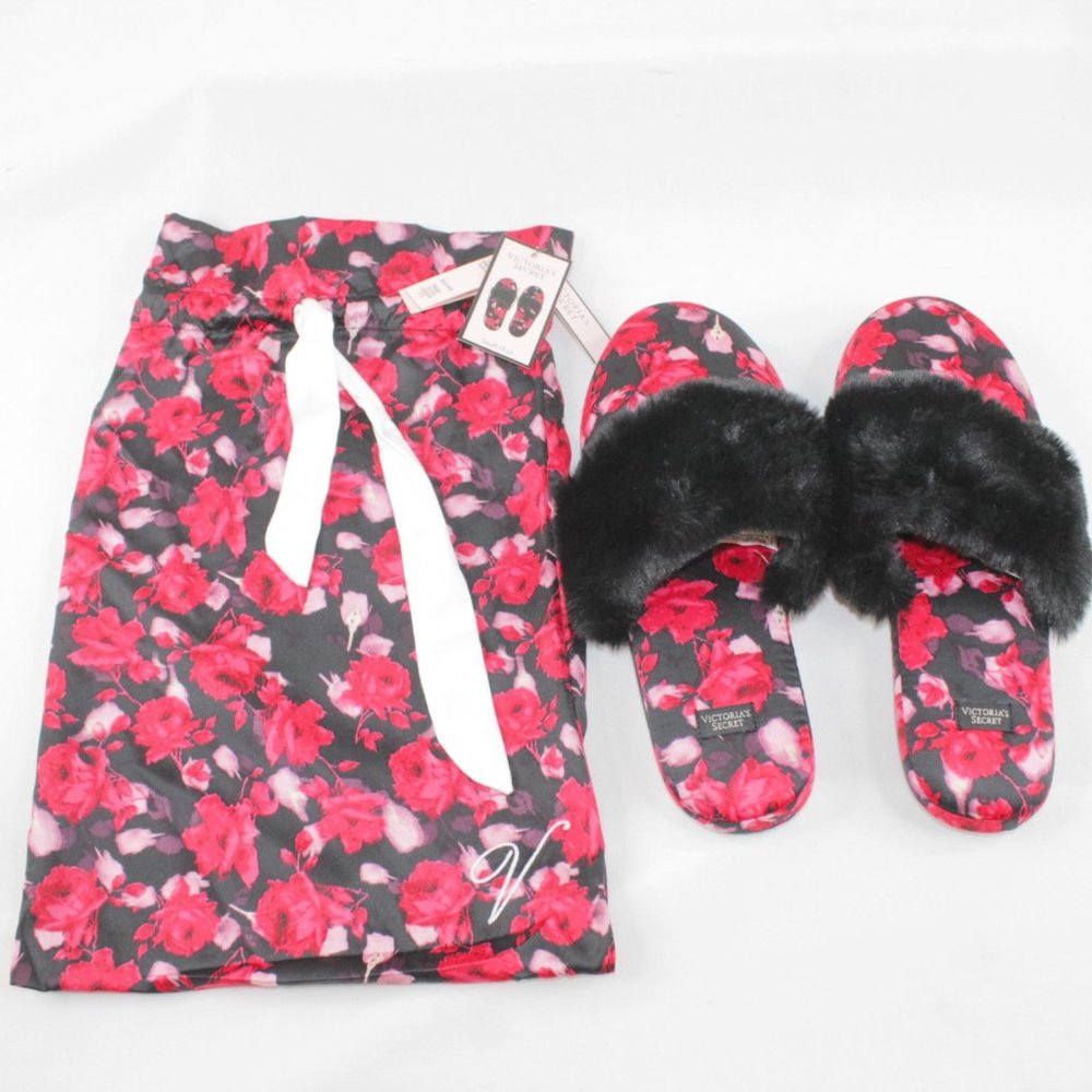 Victoria's Secret Floral Black & Red Faux Fur Fuzzy Satin House Shoes Slippers S